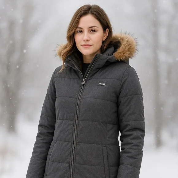 🧥 prAna Women’s Long Puffer Coat with Faux-Fur Hood – Charcoal Gray – Size L/XL - Picture 5 of 5